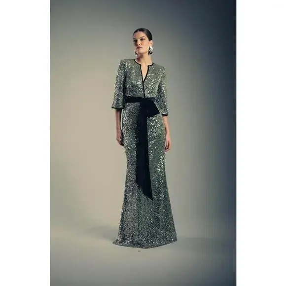 chinese dress ladies Badgley Mischka Pleat Trim Gown- Azure – By Request